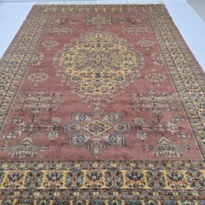 Handmade worsted wool and cotton area rug or runner with structured geometric Farsh-e-Nayle pattern displayed on floor