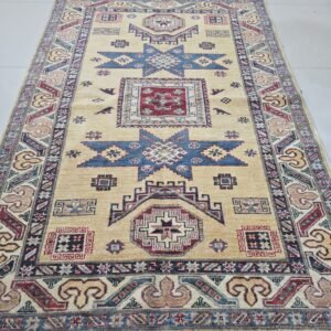 4 x 6 ft Handmade Geometrical Area Super Kazak Rug, Beige , Cotton and Wool